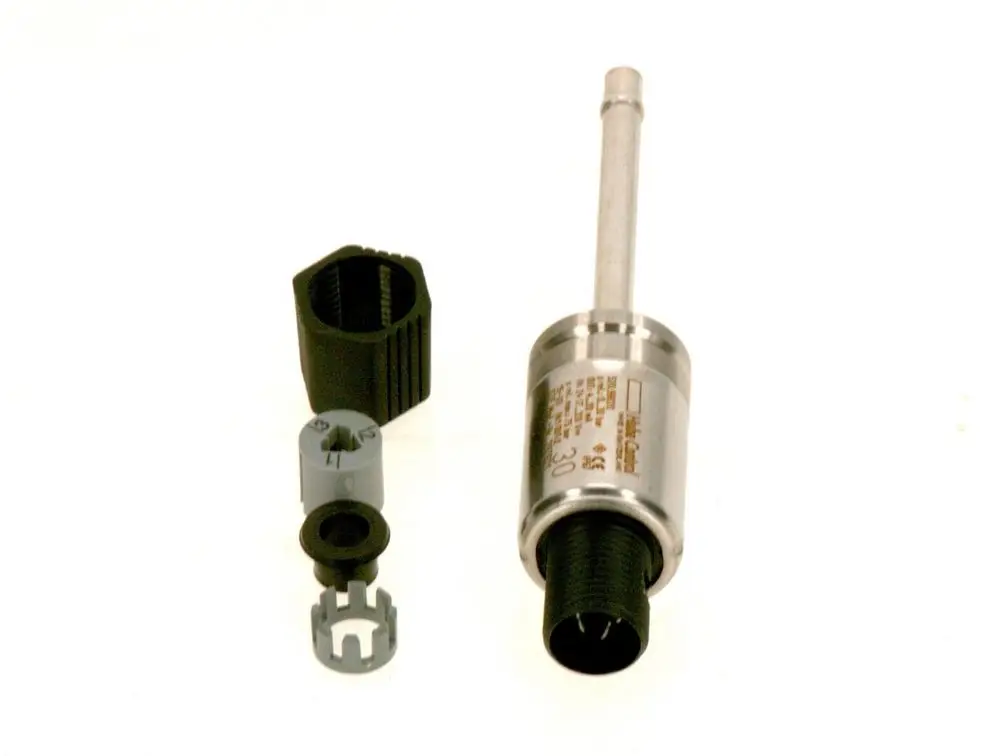 BOSCH Druckfühler mit einem metallischen Gehäuse, einer langen, zylindrischen Sonde und mehreren Verbindungselementen in verschiedenen Farben.